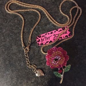 Betsy Johnson Red Rhinestone Rose Necklace. Or Remove Chain and use as a Pen.